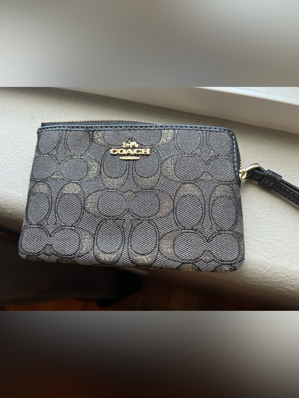 Coach Metallic Charcoal Signature Zip Wallet with Gold Logo